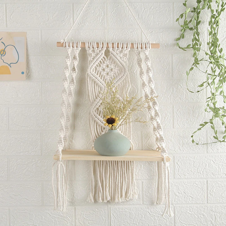 Macrame nástěnná dřevěná police