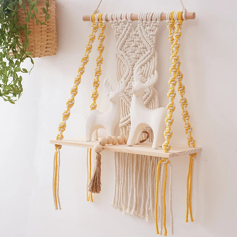 Macrame nástěnná dřevěná police