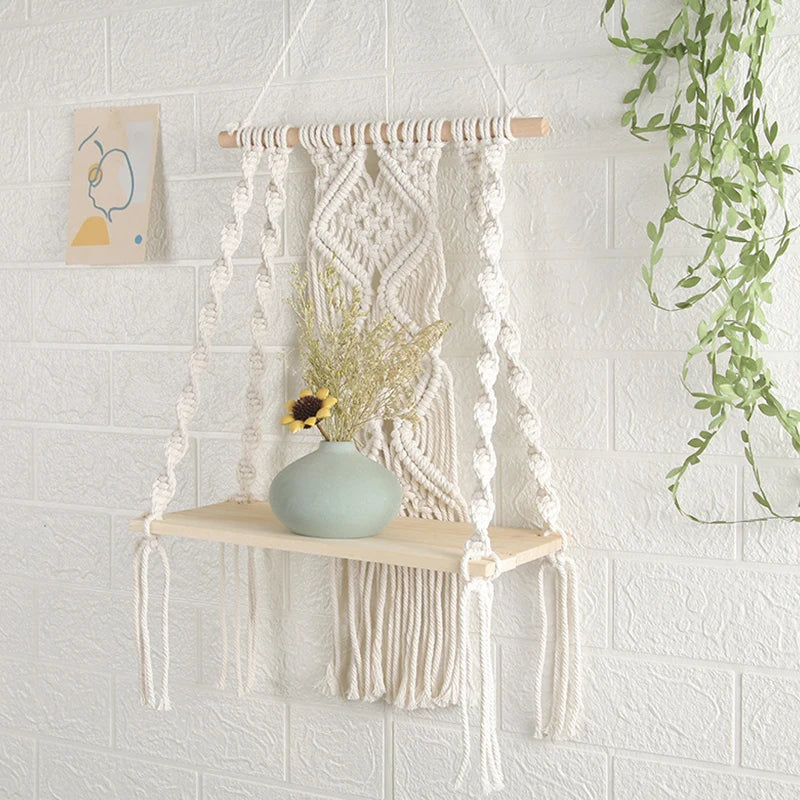 Macrame Wall Hanging Wood Shelf